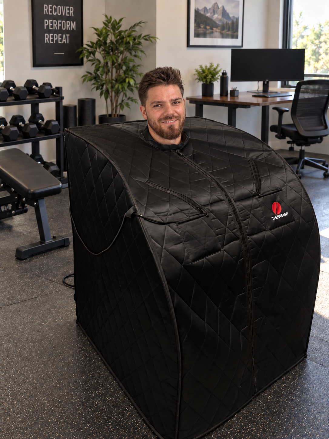 El Dr. Sebastian Torres en un sauna portátil Therasage
